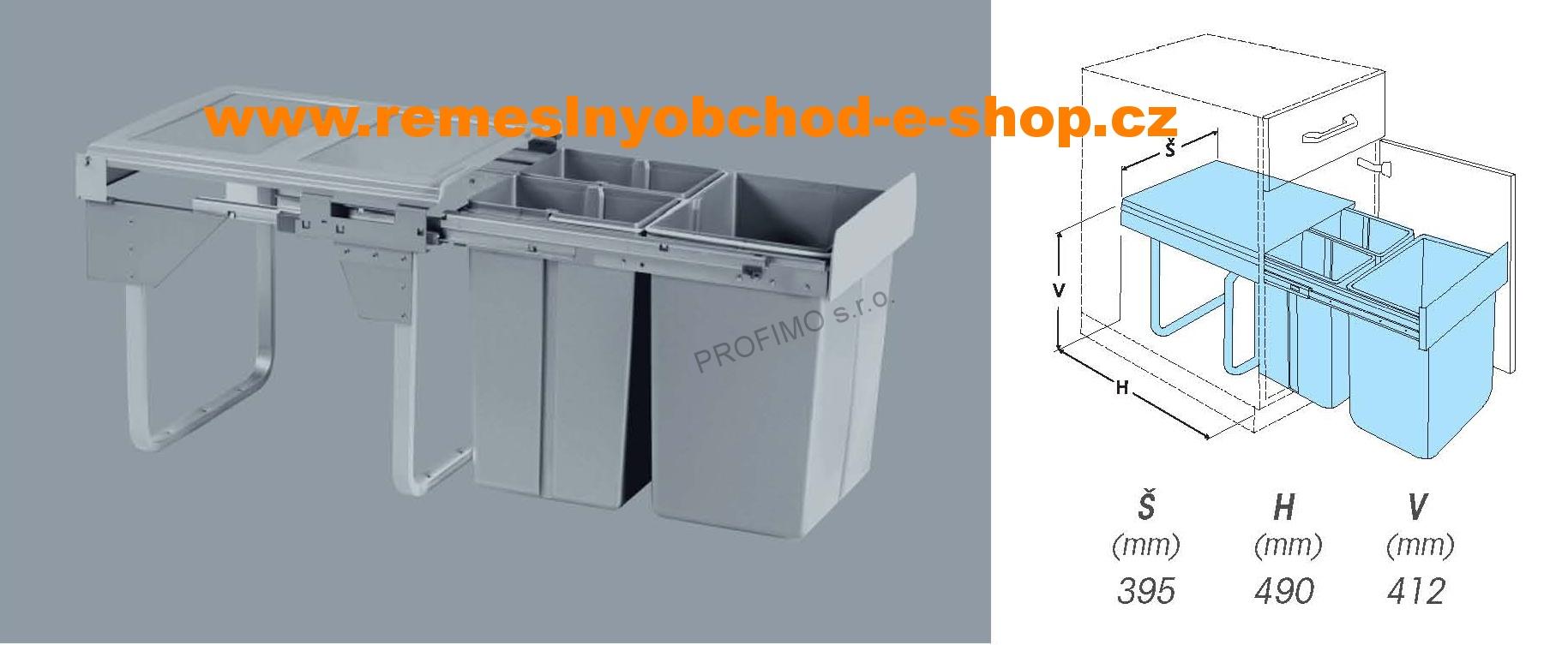 Výsuvný odpadkový 3koš Komfort, 1×20 l + 2×10 l, K45, šedý plast